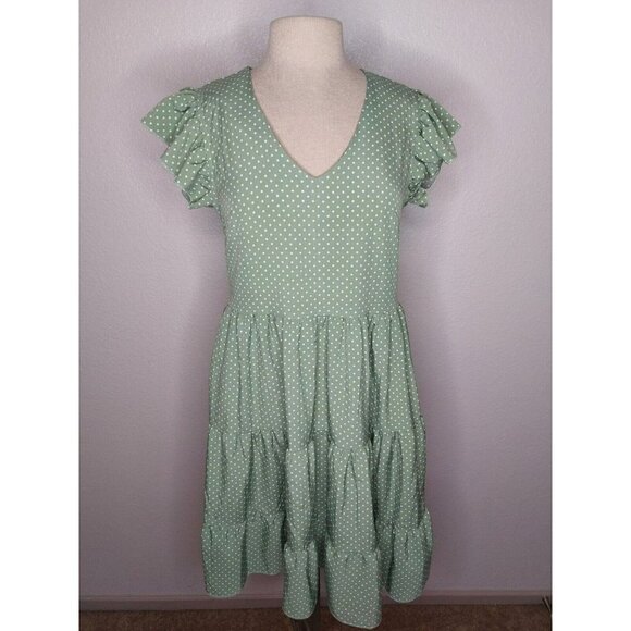 SHEIN Dress Small Green Polka Dot Mini Flounce Hem Baby Doll Summer VNeck - Picture 1 of 12